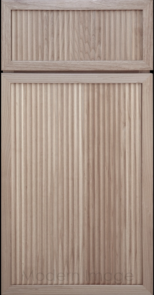 Modern kitchen featuring Arcadia Cove Ghost-Matte stained cabinets with narrow frames and fluted center panels